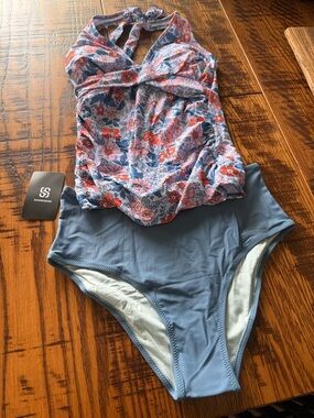 Floral Tankini Top and Blue High-Waist Bottoms - Blue Floral